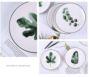 Round Green Plants Porcelain Dinner Plate Set