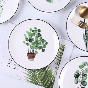 Round Green Plants Porcelain Dinner Plate Set