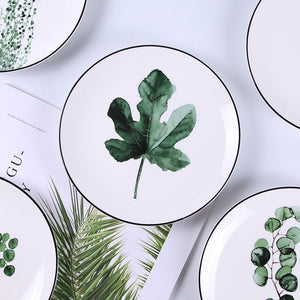 Round Green Plants Porcelain Dinner Plate Set