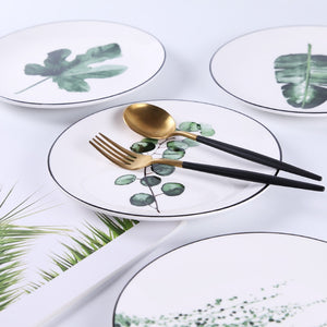 Round Green Plants Porcelain Dinner Plate Set